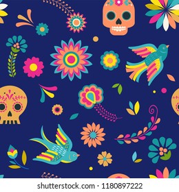 Day of the dead, Dia de los muertos background and seamless pattern . Colorful vector illustration