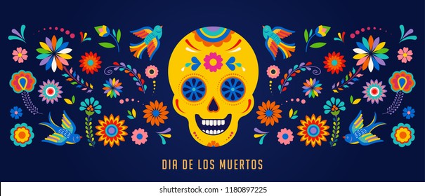 Day of the dead, Dia de los muertos background, banner and greeting card concept with sugar skull. Colorful vector illustration