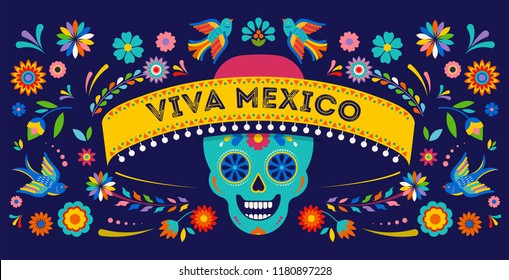 Day of the dead, Dia de los muertos background, banner and greeting card concept with sugar skull. Colorful vector illustration