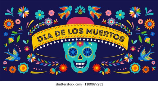 Day of the dead, Dia de los muertos background, banner and greeting card concept with sugar skull. Colorful vector illustration