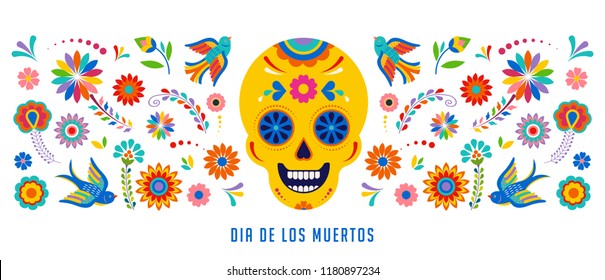 Tag der Toten, Dia de los muertos Hintergrund, Banner und Grußkartenkonzept mit Zuckerschädel. Farbige Vektorgrafik