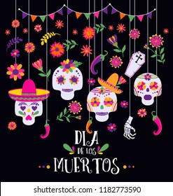 Day of the dead, Dia de los muertos, banner with colorful Mexican flowers and icons. Fiesta, holiday poster, party flyer, funny greeting card