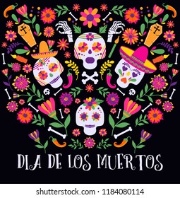 Day of the dead, Dia de los muertos, banner with colorful Mexican flowers and icons. Fiesta, holiday poster, party flyer, funny greeting card