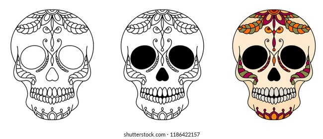 Day of the Dead (Dia de los Muertos) Sugar Skull set. Includes black and white and coloful skulls. Isolated vector design.