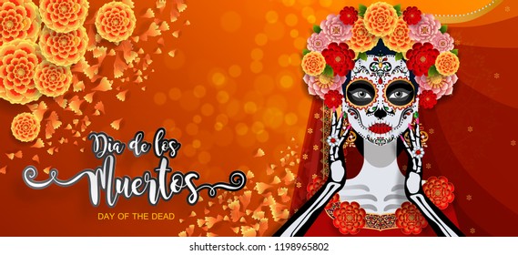 Day of the dead, Dia de los muertos, sugar skull with marigold flowers wreath on paper black color Background. 