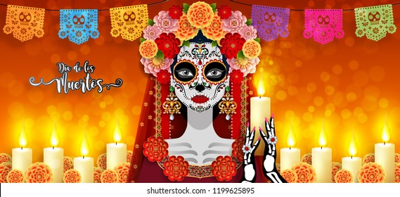 Day of the dead, Dia de los muertos, sugar skull with marigold flowers wreath on paper black color Background.