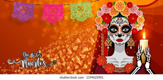 Day of the dead, Dia de los muertos, sugar skull with marigold flowers wreath on paper black color Background.