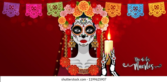 Day of the dead, Dia de los muertos, sugar skull with marigold flowers wreath on paper black color Background.