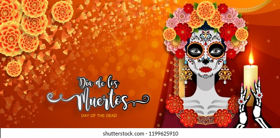 Day of the dead, Dia de los muertos, sugar skull with marigold flowers wreath on paper black color Background.