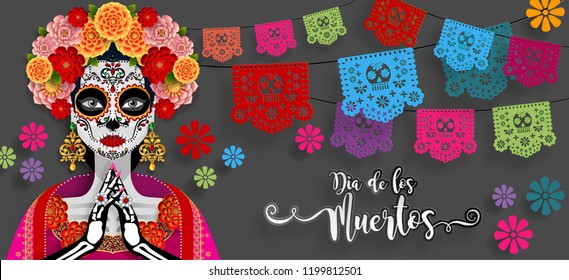 Day of the dead, Dia de los muertos, sugar skull with marigold flowers wreath on paper black color Background.