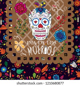 Day of the dead, Dia de los moertos, banner with colorful Mexican flowers.