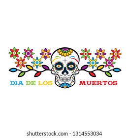 Day of the dead, Dia de los moertos, banner with colorful Mexican flowers. Fiesta, holiday poster, party flyer, funny greeting card - Vector