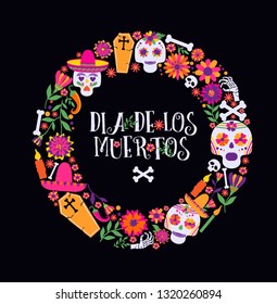 Day of the dead, Dia de los muertos, banner with colorful Mexican flowers and icons. Fiesta, holiday poster, party flyer, funny greeting card