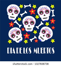 Day of the dead, Dia de los moertos, banner with colorful Mexican flowers. Fiesta, holiday poster, party flyer, funny greeting card 