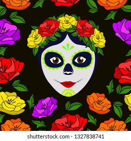 Day of the dead, Dia de los moertos, banner with colorful Mexican flowers. Fiesta, holiday poster, party flyer, funny greeting card 