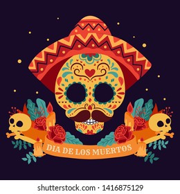 Day of the dead, Dia de Los Muertos, banner with colorful Mexican flowers,skull, candle. Fiesta, holiday poster, party flyer, funny greeting card