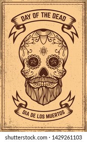 Day of the dead (dia de los muertos). Mexican sugar skull on grunge background. Design element for poster, logo, label, sign, card, banner. Vector illustration