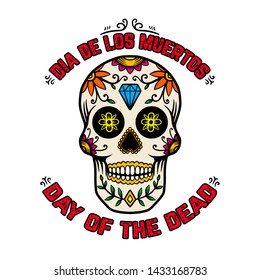 Day of the dead (Dia de los muertos). Mexican sugar skull. Design element for poster, logo, label, sign, card, banner. Vector illustration