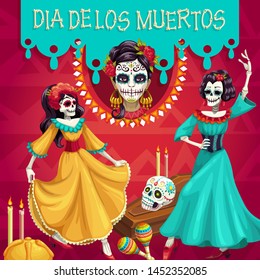 Day of the Dead, Dia de Los Muertos party with dancing women skeletons. Vector tomb and skull, burning candles and ladies in Frida apparel with marigold flowers. Mexican holiday of gone people