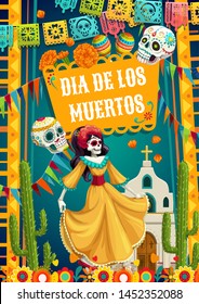 Day Of Dead, Dia De Los Muertos Fiesta, Catrina Calavera Woman In Mexican Costume Dress Dancing At Church. Vector Day Of Dead, Mexico Party Celebration, Pecked Paper Flags And Mexican Pattern Skulls