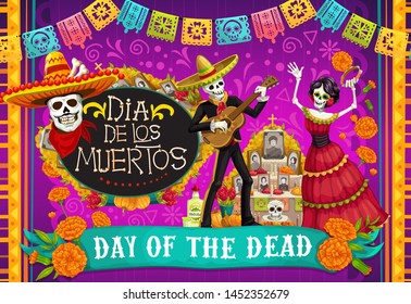 Day Of Dead, Dia De Los Muertos Fiesta, Skeleton In Mexican Costumes And Sombrero, Play Music And Dance. Vector Dia De Los Muertos Altar With Marigold Flowers And Calavera Skull
