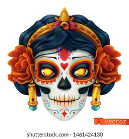 Day of the dead. Dia de los muertos. Skull, woman 3d vector icon