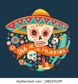 Day of the dead, Dia de Los Muertos, Skulls with flowers, candles. Vector illustration.
