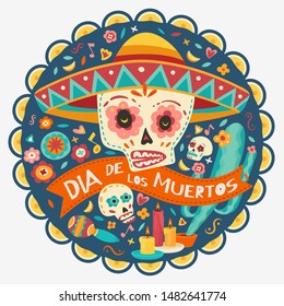 Day of the dead, Dia de Los Muertos, Skulls with flowers, candles. Vector illustration.