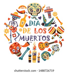 Day of dead, Dia de los moertos, Mexican holiday or fiesta, party flyer or greeting card vector. Mexico symbols, skeleton with guitar and tequila. Maracas and candles, chili pepper and bird, cross