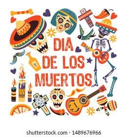 Day of dead, Dia de los muertos greeting card, sugar skull in sombrero vector. Cross and skeleton with guitar, maracas and chili pepper, candles and tequila. Ornated bones, bird and music instruments