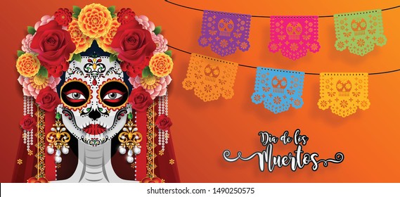 Day of the dead, Dia de los muertos, sugar skull with marigold flowers wreath on paper black color Background.