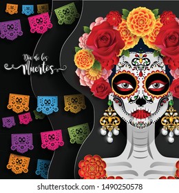 Day of the dead, Dia de los muertos, sugar skull with marigold flowers wreath on paper black color Background.