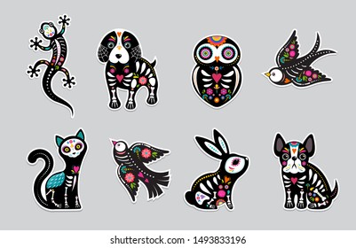 Day of the dead, Dia de los moertos, animals skulls and skeleton decorated with colorful Mexican elements and flowers. Fiesta, Halloween, holiday poster, party flyer. Vector illustration