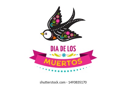 Day of the dead, Dia de los muertos, birds skulls and skeleton decorated with colorful Mexican elements and flowers. Fiesta, Halloween, holiday poster, party flyer. Vector illustration