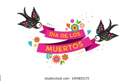 Day of the dead, Dia de los muertos, birds skulls and skeleton decorated with colorful Mexican elements and flowers. Fiesta, Halloween, holiday poster, party flyer. Vector illustration