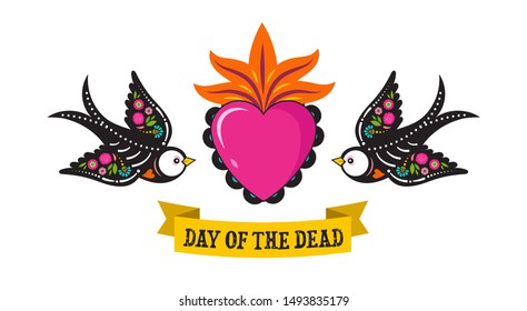 Day Of The Dead, Dia De Los Muertos, Birds Skulls And Skeleton Decorated With Colorful Mexican Elements And Flowers. Fiesta, Halloween, Holiday Poster, Party Flyer. Vector Illustration