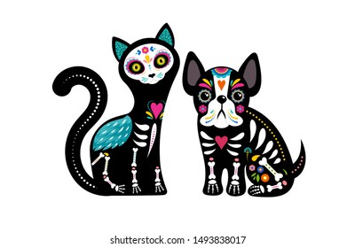 Day Of The Dead, Dia De Los Muertos, Dog And Cat Skulls And Skeleton Decorated With Colorful Mexican Elements And Flowers. Fiesta, Halloween, Holiday Poster, Party Flyer. Vector Illustration