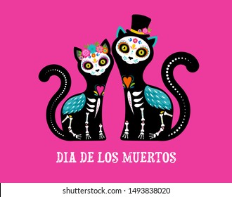 Day of the dead, Dia de los muertos, dog and cat skulls and skeleton decorated with colorful Mexican elements and flowers. Fiesta, Halloween, holiday poster, party flyer. Vector illustration