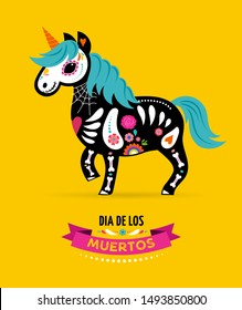 Day of the dead, Dia de los muertos, Unicorn skull and skeleton decorated with colorful Mexican elements and flowers. Fiesta, Halloween, holiday poster, party flyer. Vector illustration