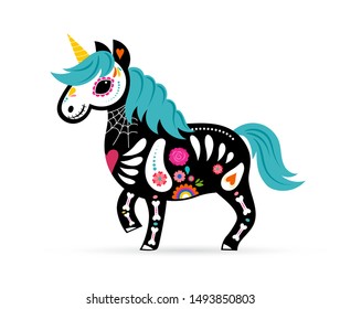 Day of the dead, Dia de los muertos, Unicorn skull and skeleton decorated with colorful Mexican elements and flowers. Fiesta, Halloween, holiday poster, party flyer. Vector illustration