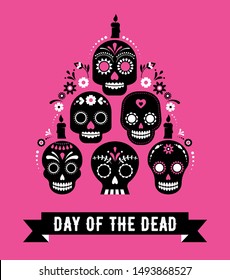 Day of the dead, Dia de los muertos, banner with colorful Mexican flowers. Fiesta, holiday poster, party flyer, funny greeting card