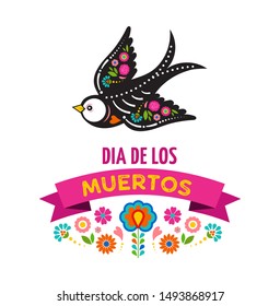 Day of the dead, Dia de los muertos, birds skulls and skeleton decorated with colorful Mexican elements and flowers. Fiesta, Halloween, holiday poster, party flyer. Vector illustration