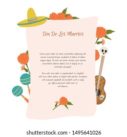 Day of the Dead, Dia de los Muertos check list template with marigold flower, mexico maracas, sombrero and guitar. Stock vector