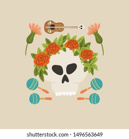 Day of the Dead, Dia de los Muertos hand drawn cartoon doodle style skull with flowers concept. Stock vector. 