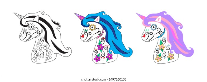Day of The Dead (Dia De los Muertos) Mexican Sugar Skull Unicorn Set on White Background . (Black and White Line Are, Tattoo Art Decorated with Colorful flower). Vector Illustration.