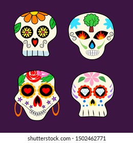 Day of the Dead, Dia De Los Muertos, Mexican Cartoon Sugar Skull Set Decorated with Rose, Flower and Ornaments isolated on Dark Background. Vector Illustration.