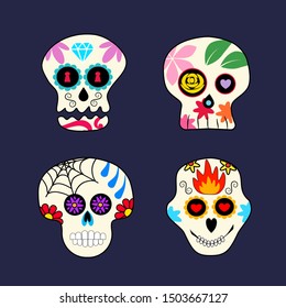 Day of the Dead, Dia De Los Muertos, Mexican Cartoon Sugar Skull Set Decorated with Rose, Flower, Diamond and Ornaments isolated on Dark Background. Vector Illustration.