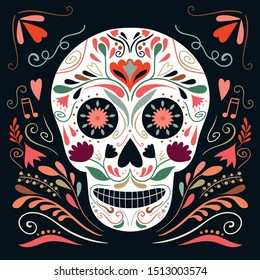 Day of the Dead /Dia de los muertos poster with decorative skull on black background