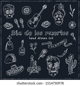 Day of the Dead (Dia de los Muertos) hand drawn doodle set. Vector illustration. Isolated elements on white background. Symbol collection.