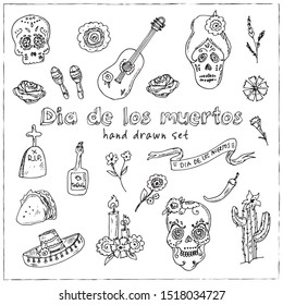 Day of the Dead (Dia de los Muertos) hand drawn doodle set. Vector illustration. Isolated elements on white background. Symbol collection